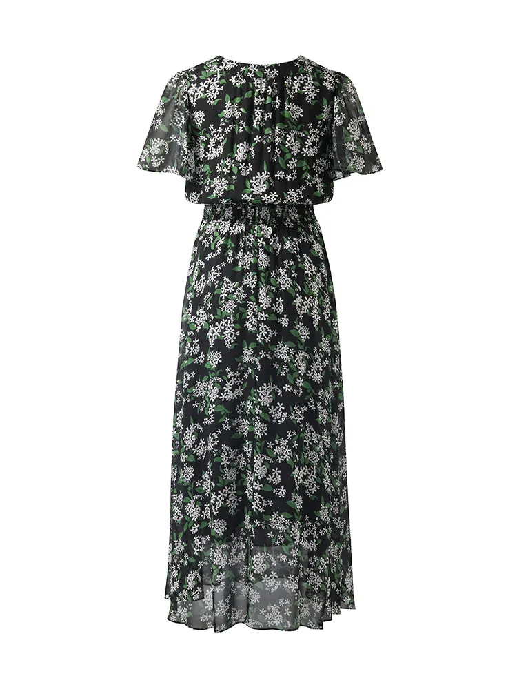 10 Momme Mulberry Silk Floral Printed Bow Tie Neck Women Midi Dress