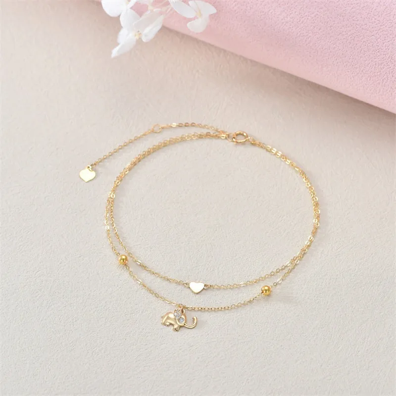 14K Solid Gold Lucky Elephant Anklet  Real Gold Layered Heart Anklet Bracelet Fine Jewelry Anniversary Birthday Mother's Day Gifts for Her