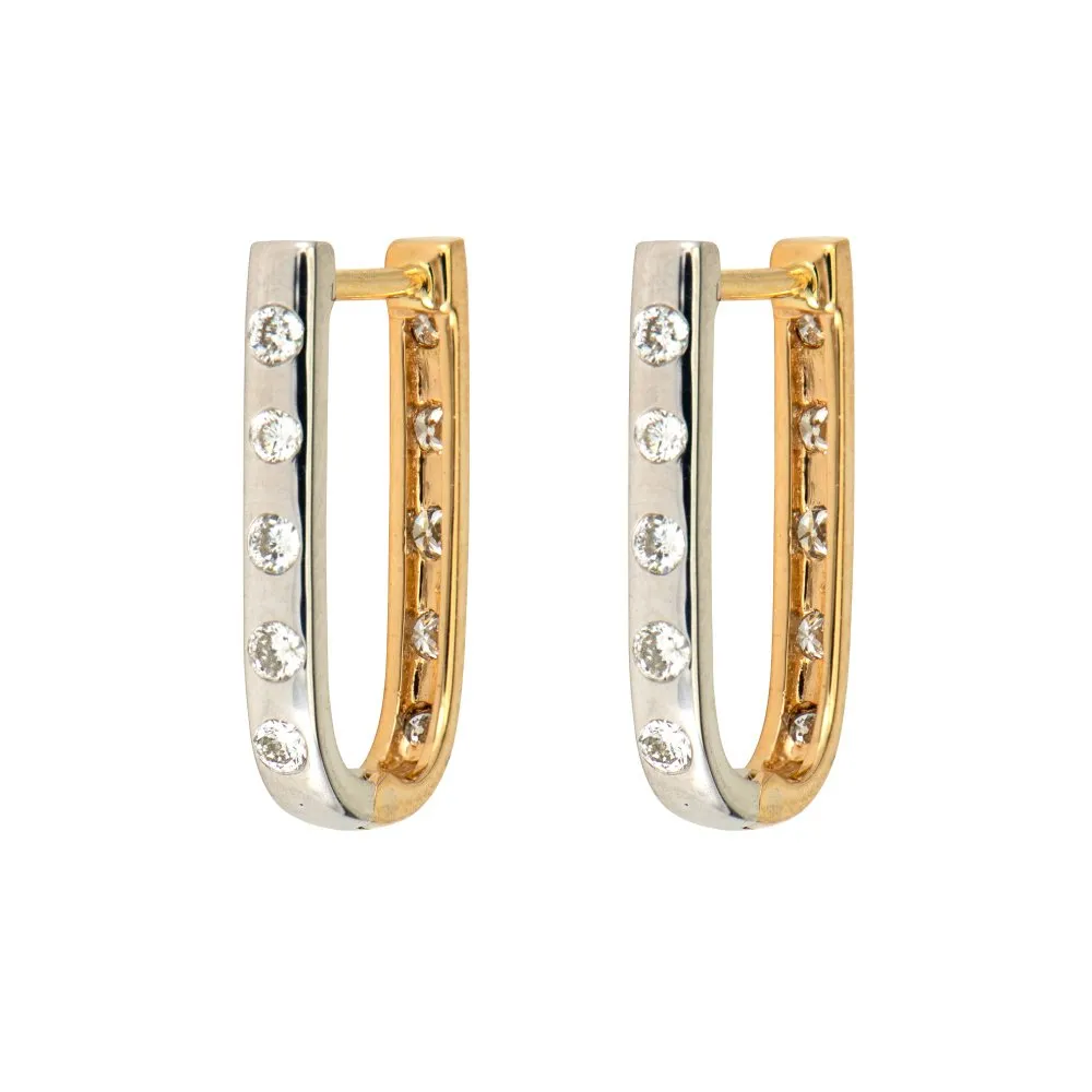 14K Two Tone Double Sided Curved Hoop Diamond Earrings