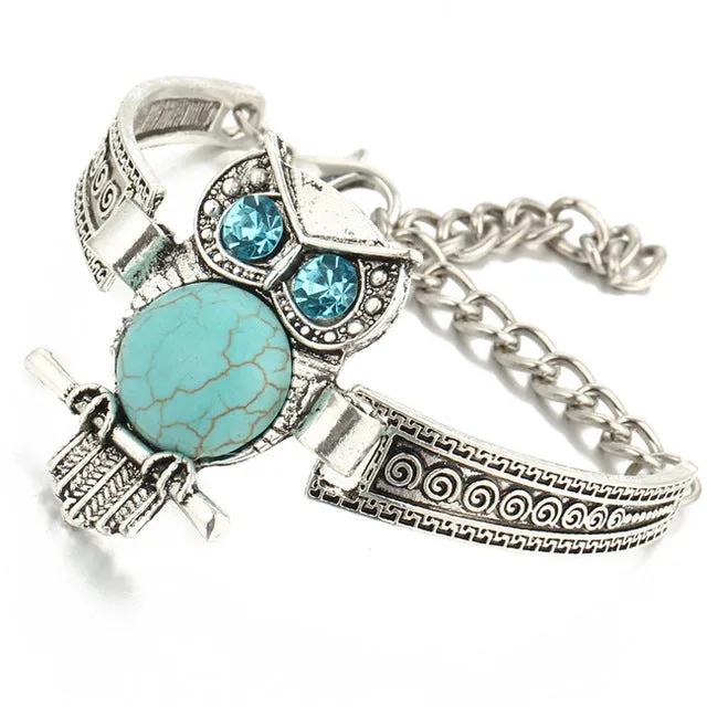 17KM Silver Color Bracelet Owl Elephant Women Bohemian Blue Stone Charm Bracelets Bangles Boho Jewelry Crystal Pulseras