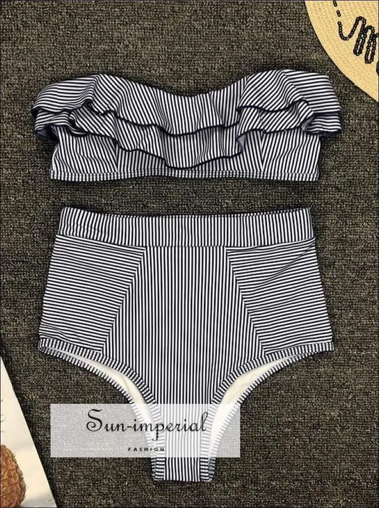 2 Piece Swimsuit Heart Print Bikini High Waisted Tie front bottom - Teal Blue with Hearts Print