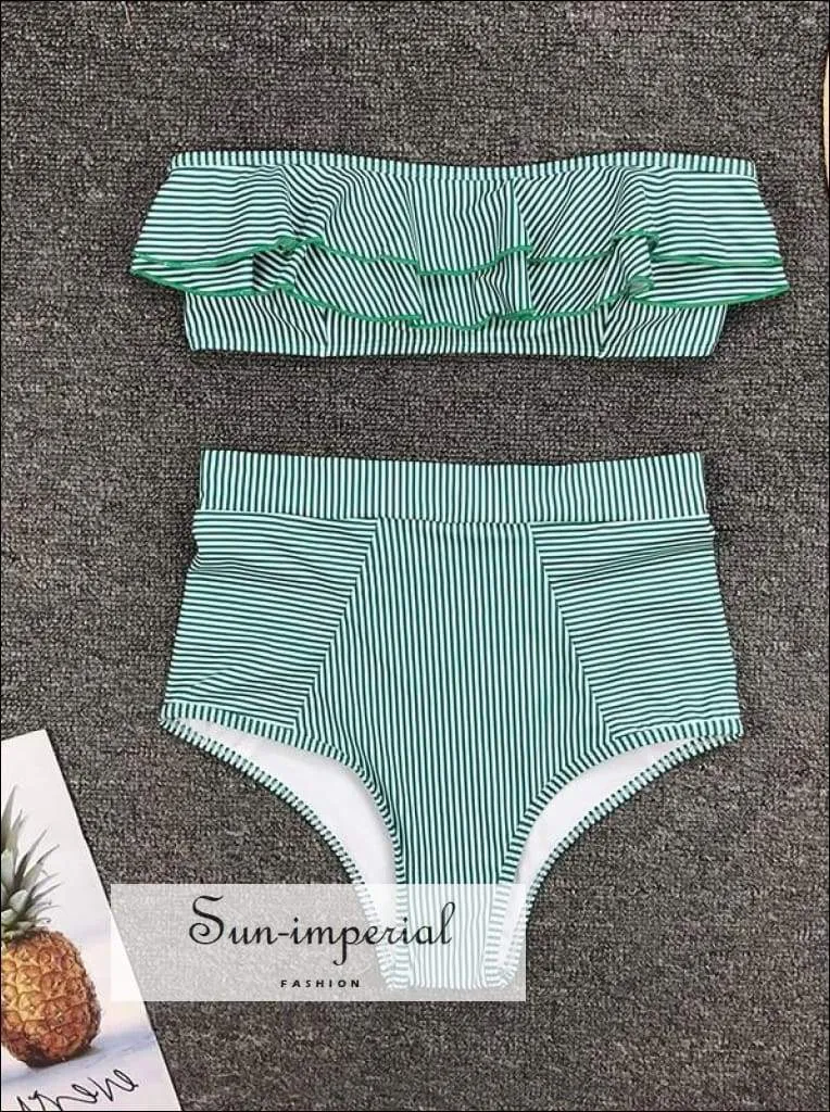 2 Piece Swimsuit Heart Print Bikini High Waisted Tie front bottom - Teal Blue with Hearts Print