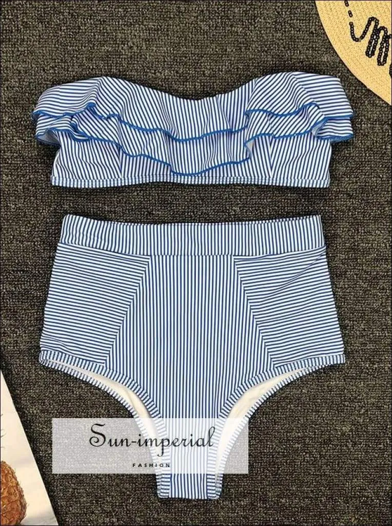 2 Piece Swimsuit Heart Print Bikini High Waisted Tie front bottom - Teal Blue with Hearts Print