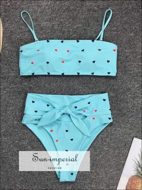 2 Piece Swimsuit Heart Print Bikini High Waisted Tie front bottom - Teal Blue with Hearts Print