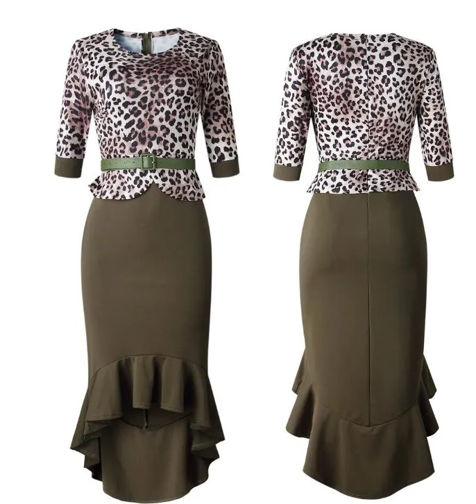 2021 Women's Office Lady Dress Leopard-print stitching fishtail dress (send belt) African women's dress