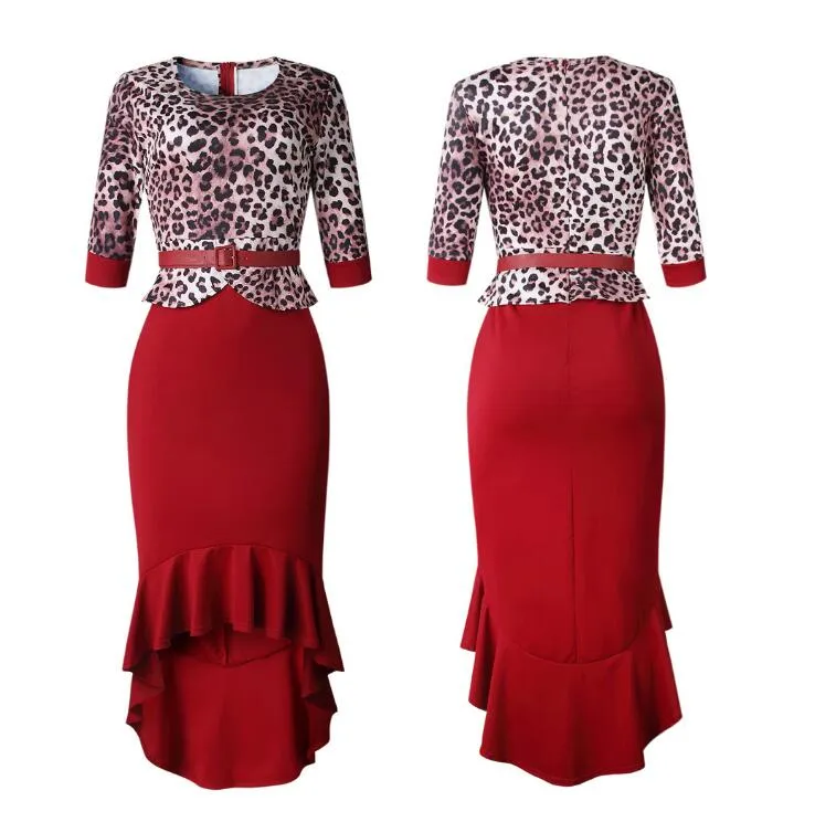 2021 Women's Office Lady Dress Leopard-print stitching fishtail dress (send belt) African women's dress