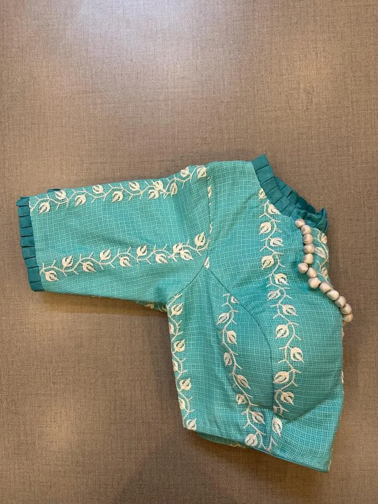 50V349-RO Pastel Blue Saree Blouse with White Thread Embroidery