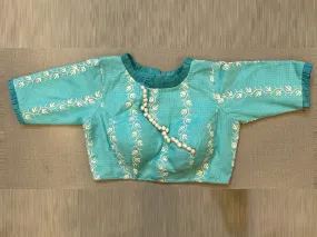 50V349-RO Pastel Blue Saree Blouse with White Thread Embroidery