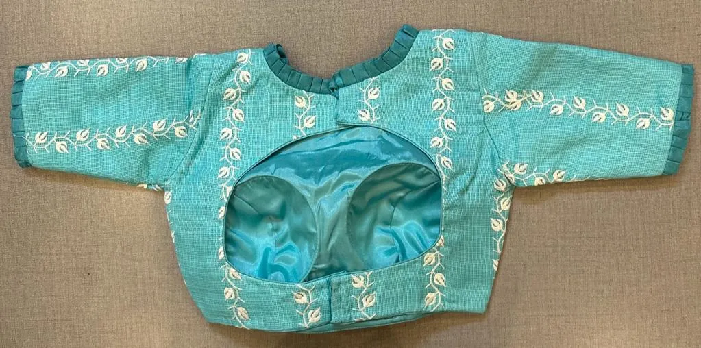 50V349-RO Pastel Blue Saree Blouse with White Thread Embroidery