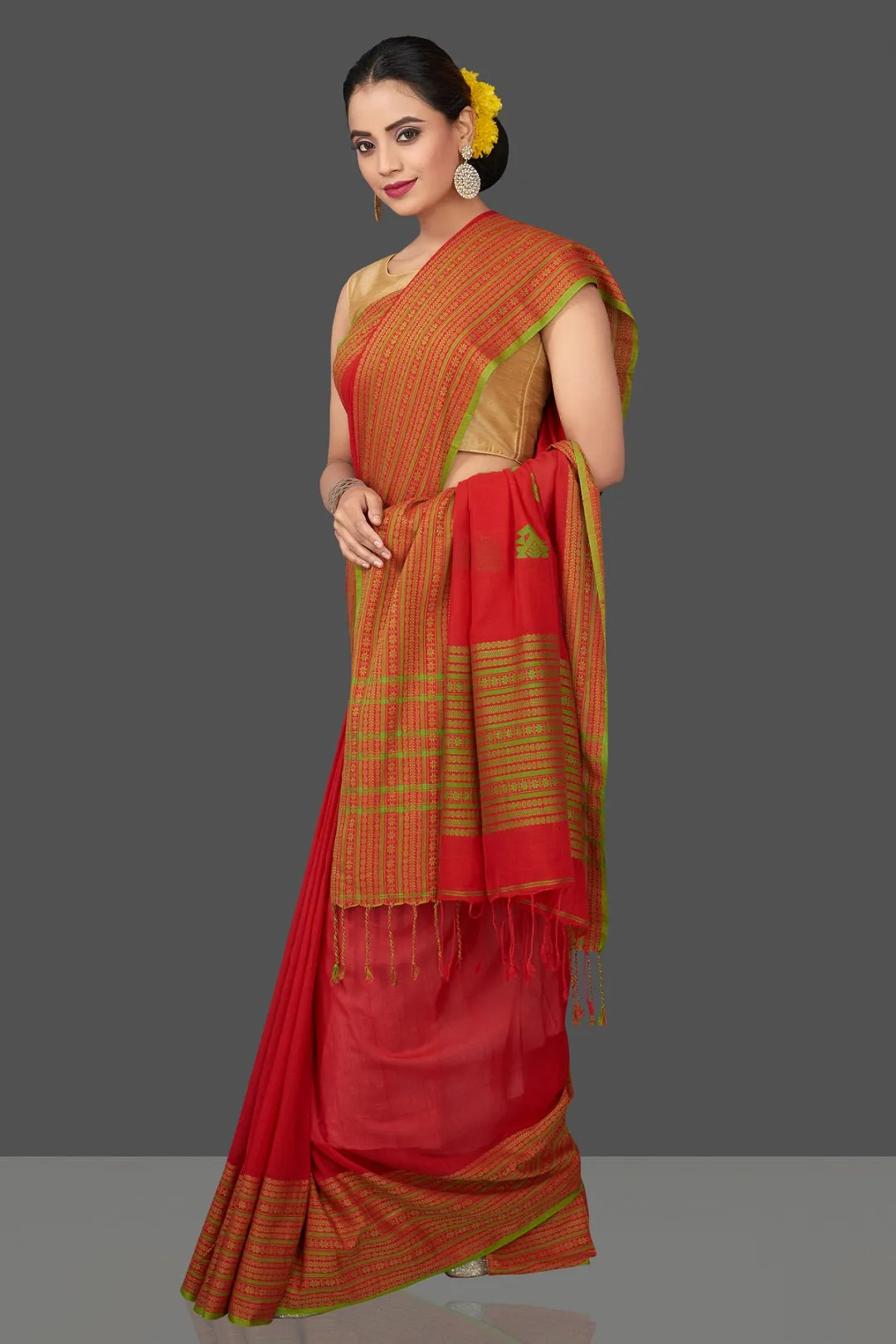 90K446-NRO Red Cotton Saree with Green Assam Design Pallu