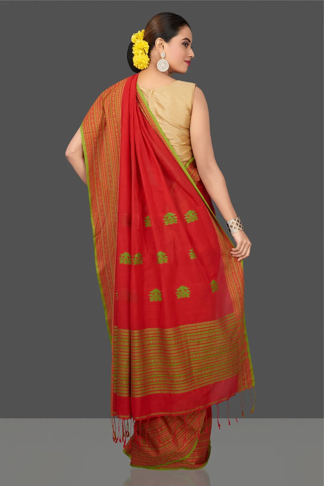 90K446-NRO Red Cotton Saree with Green Assam Design Pallu