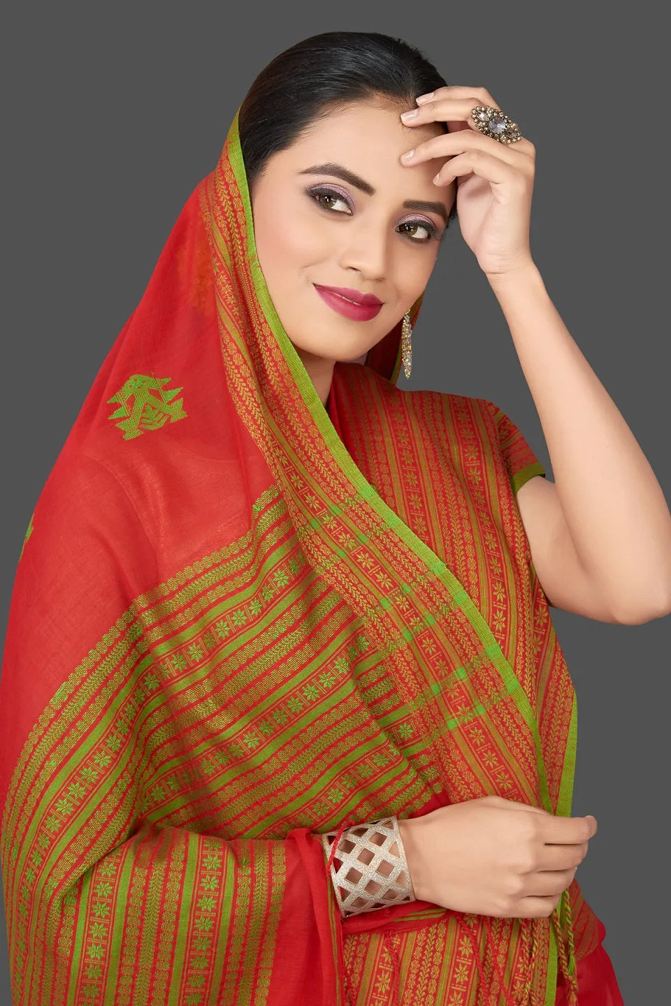 90K446-NRO Red Cotton Saree with Green Assam Design Pallu