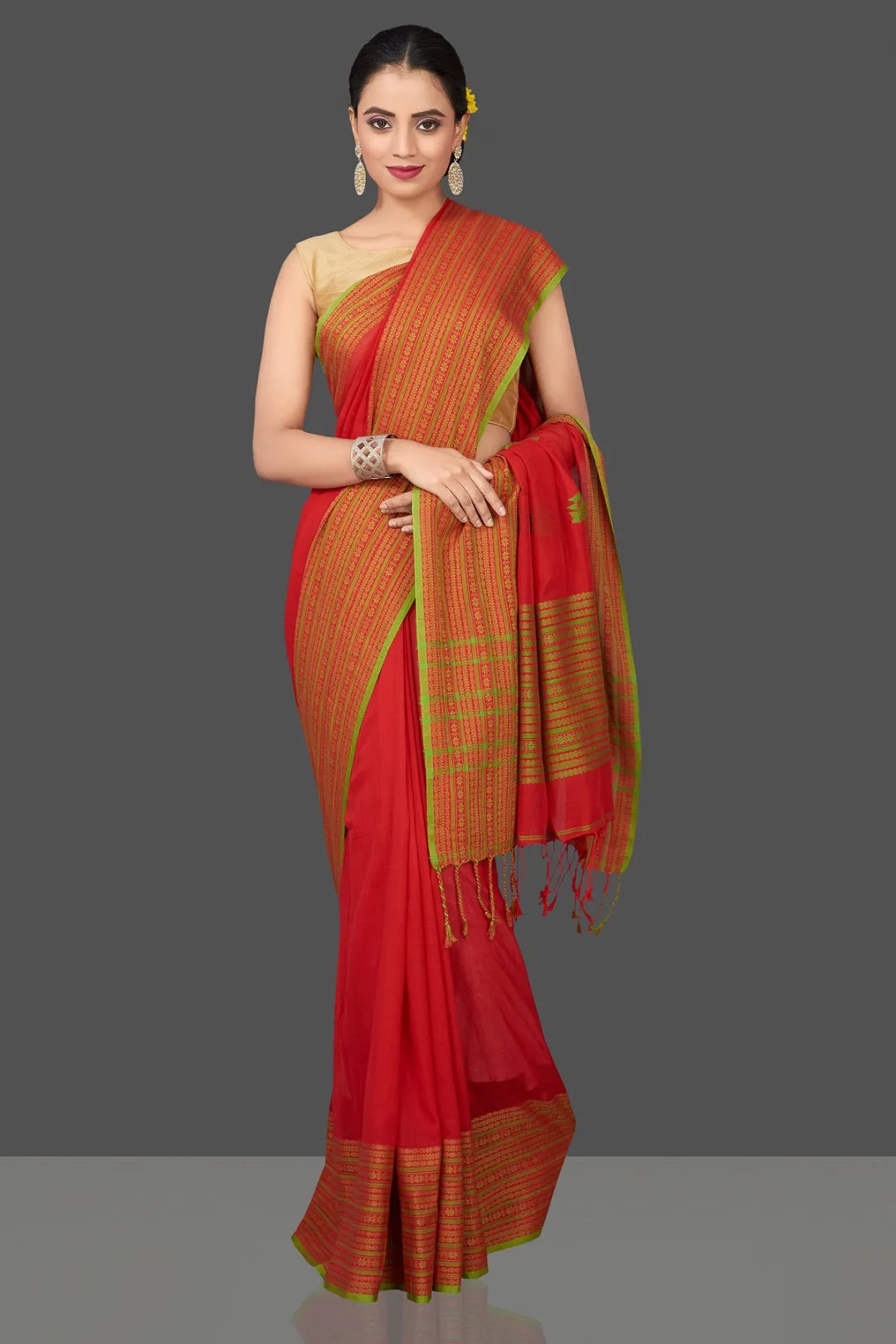 90K446-NRO Red Cotton Saree with Green Assam Design Pallu