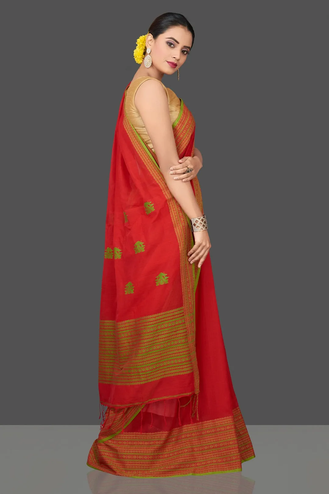 90K446-NRO Red Cotton Saree with Green Assam Design Pallu