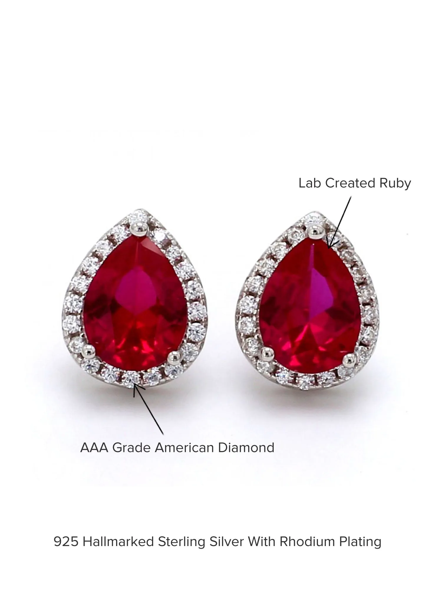 925 Sterling Silver Red Ruby Stud Earrings In Pear Shaped