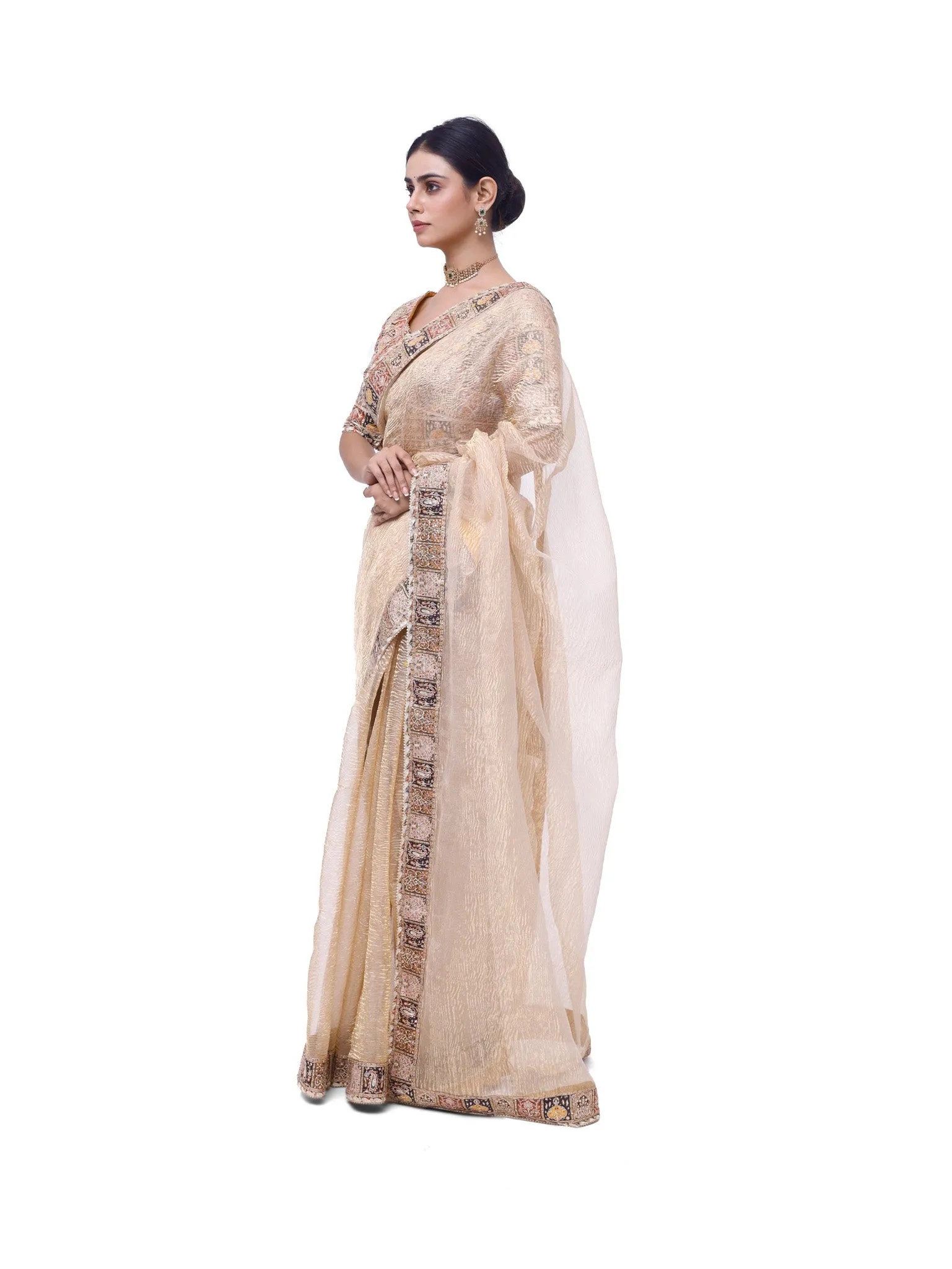 92A116 Champagne Embroidered Organza Saree with Designer Blouse