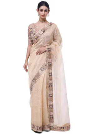 92A116 Champagne Embroidered Organza Saree with Designer Blouse