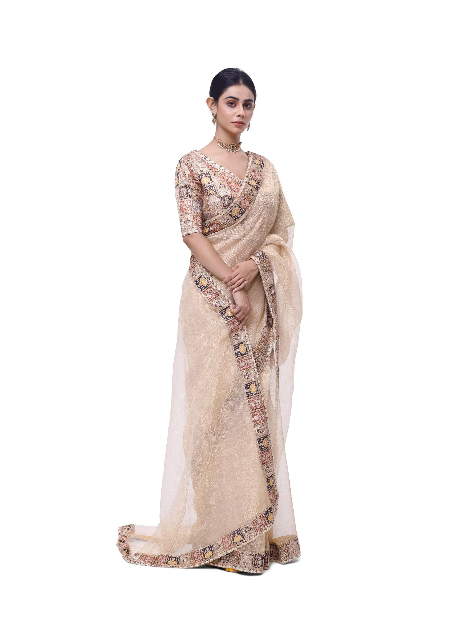 92A116 Champagne Embroidered Organza Saree with Designer Blouse