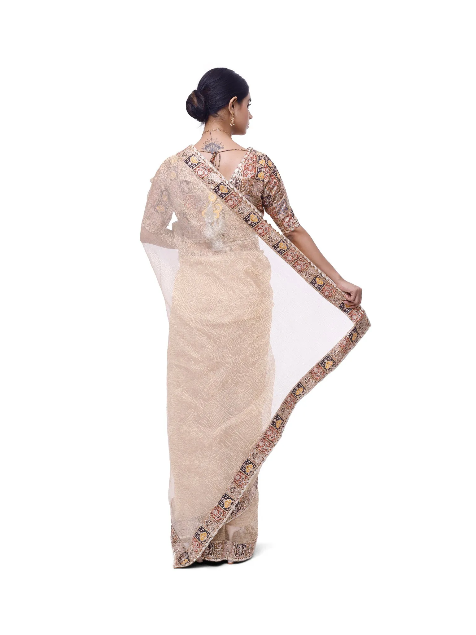 92A116 Champagne Embroidered Organza Saree with Designer Blouse