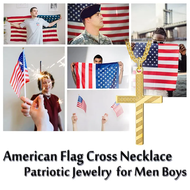 American Flag Cross Necklace for Men Patriotic Jewelry Stainless Steel Chain Religious Gift for Dad Boys