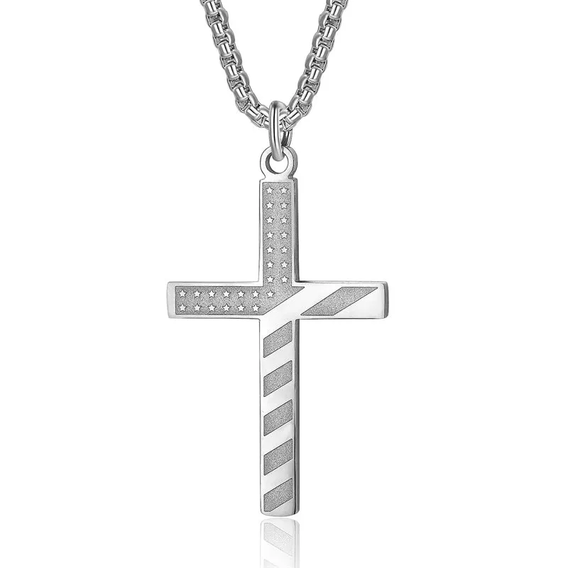 American Flag Cross Necklace for Men Patriotic Jewelry Stainless Steel Chain Religious Gift for Dad Boys