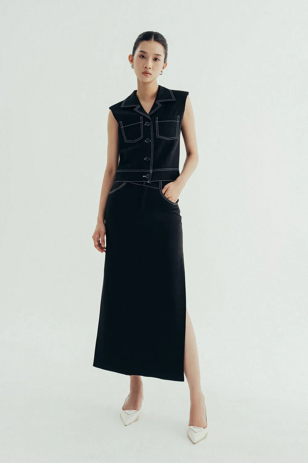 Andy Slit Front Zipper Twill Midi Skirt