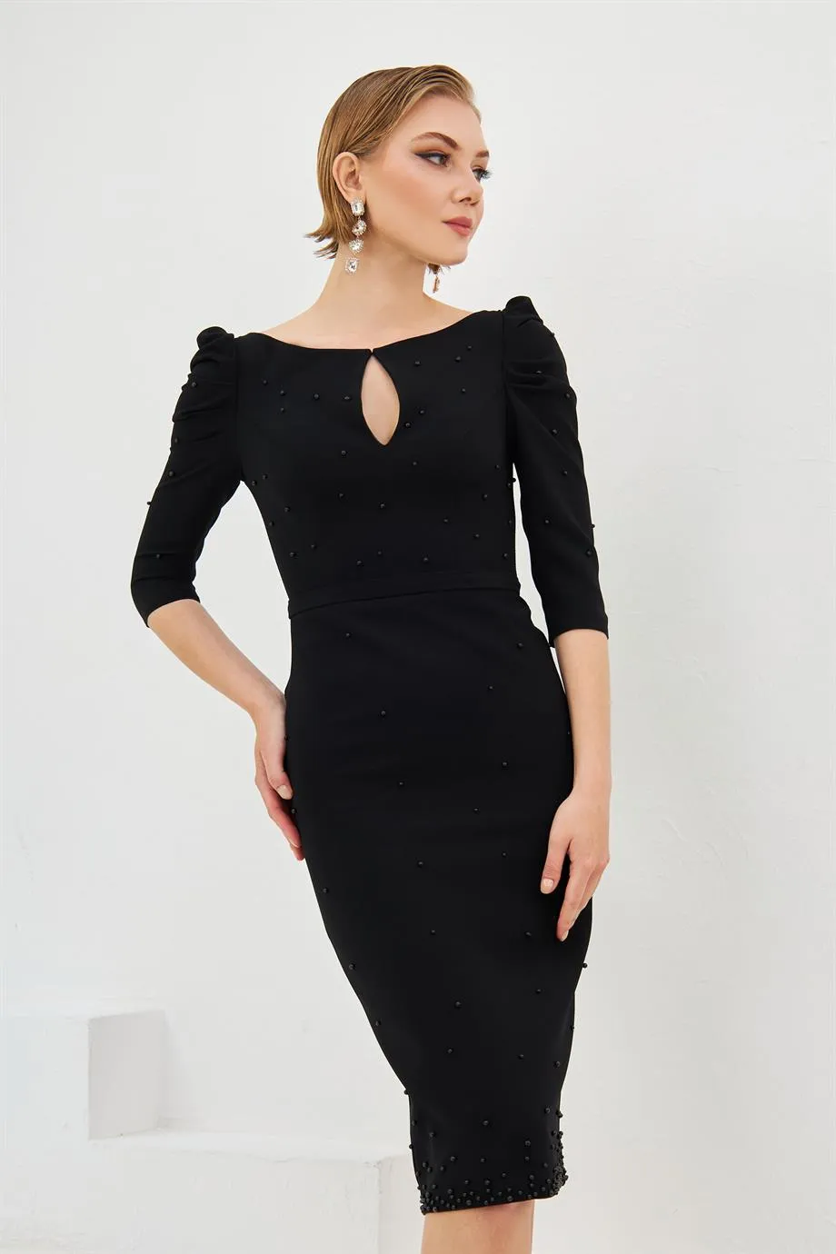 Angelino black pancakes embroidered midi evening dresses