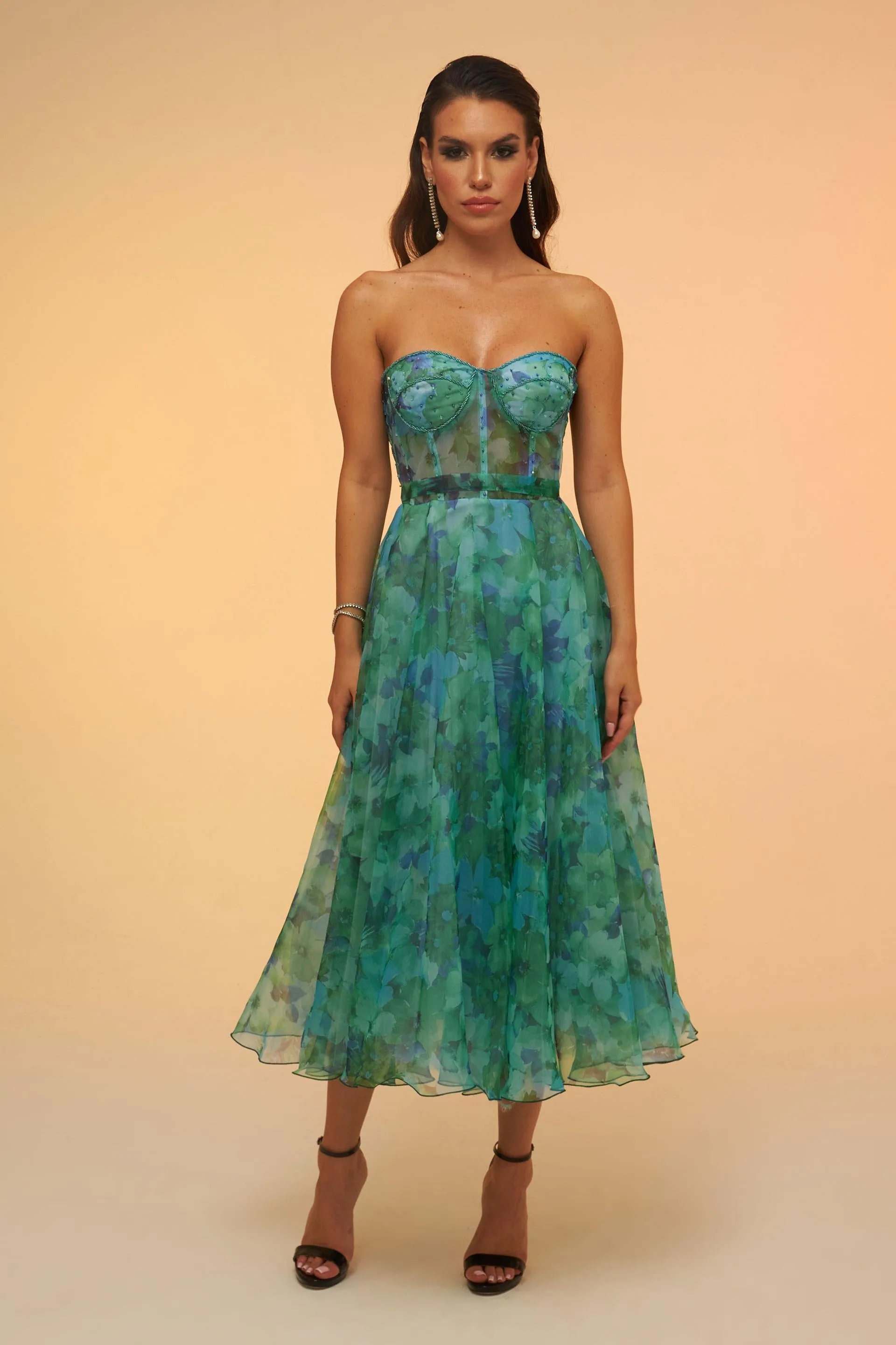 Angelino Green Printed Strapless Midi Evening Dress