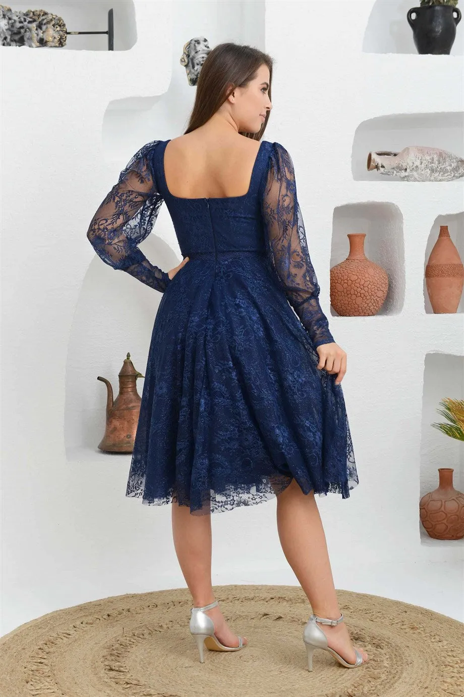 Angelino Navy blue Lace Square Collar Engagement Dress Dress