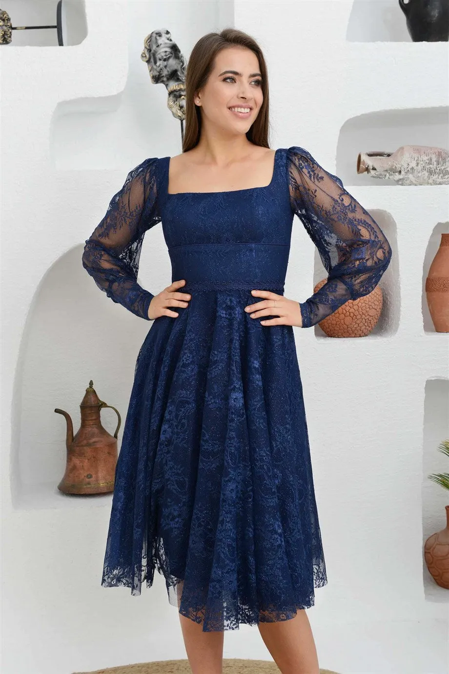 Angelino Navy blue Lace Square Collar Engagement Dress Dress