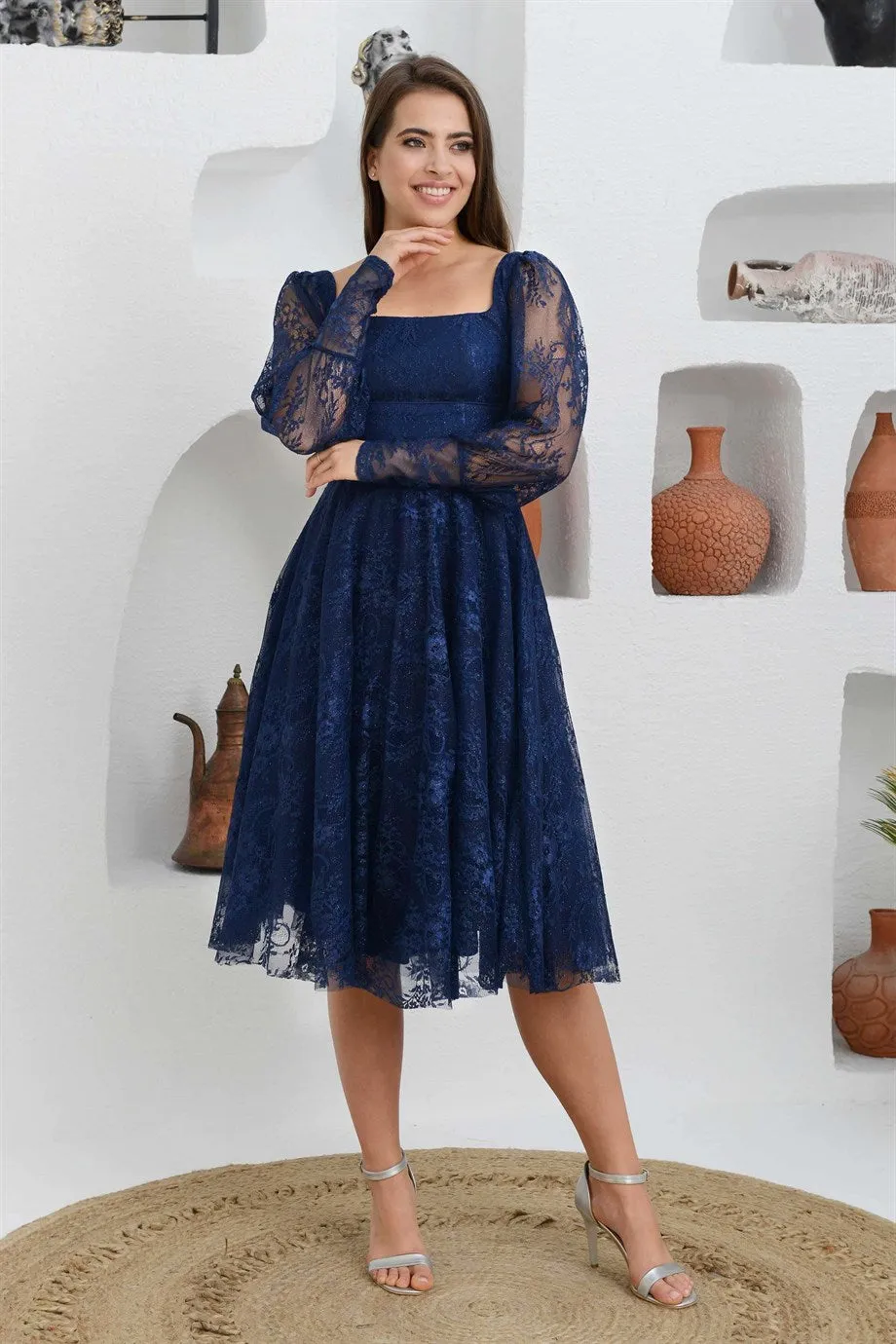 Angelino Navy blue Lace Square Collar Engagement Dress Dress