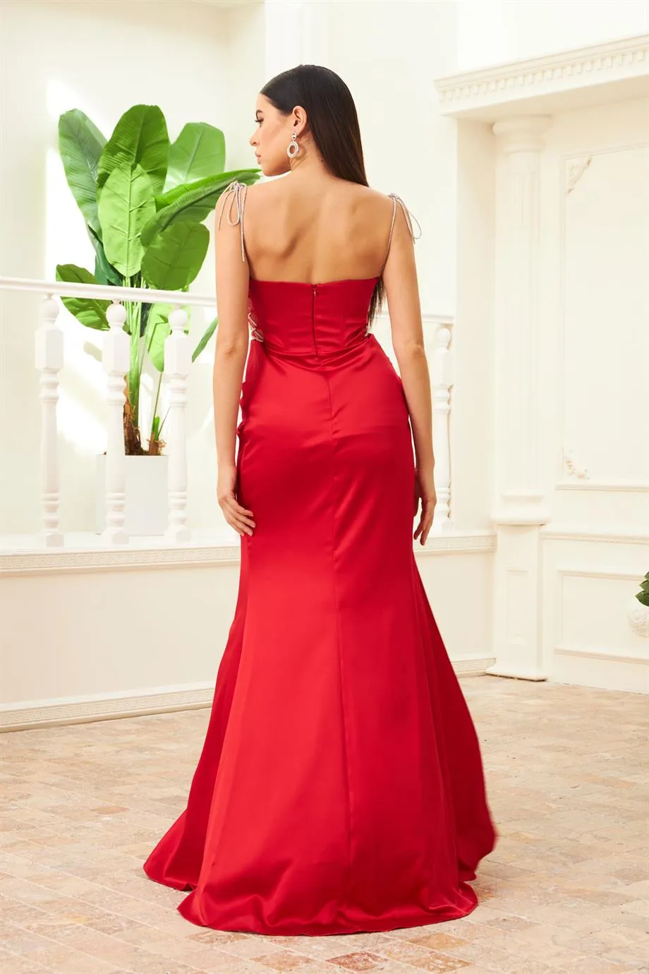 Angelino Red Satin Tied Long Evening Dress and Invitation Dress