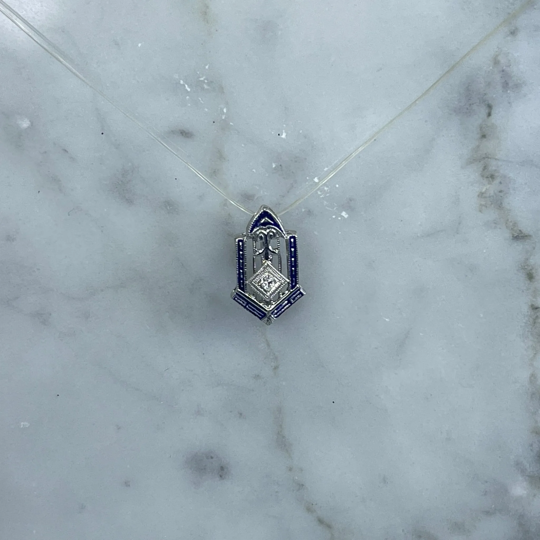 Antique Diamond and Enamel Pendant in a 14k White Gold Art Deco Setting. April Birthstone.