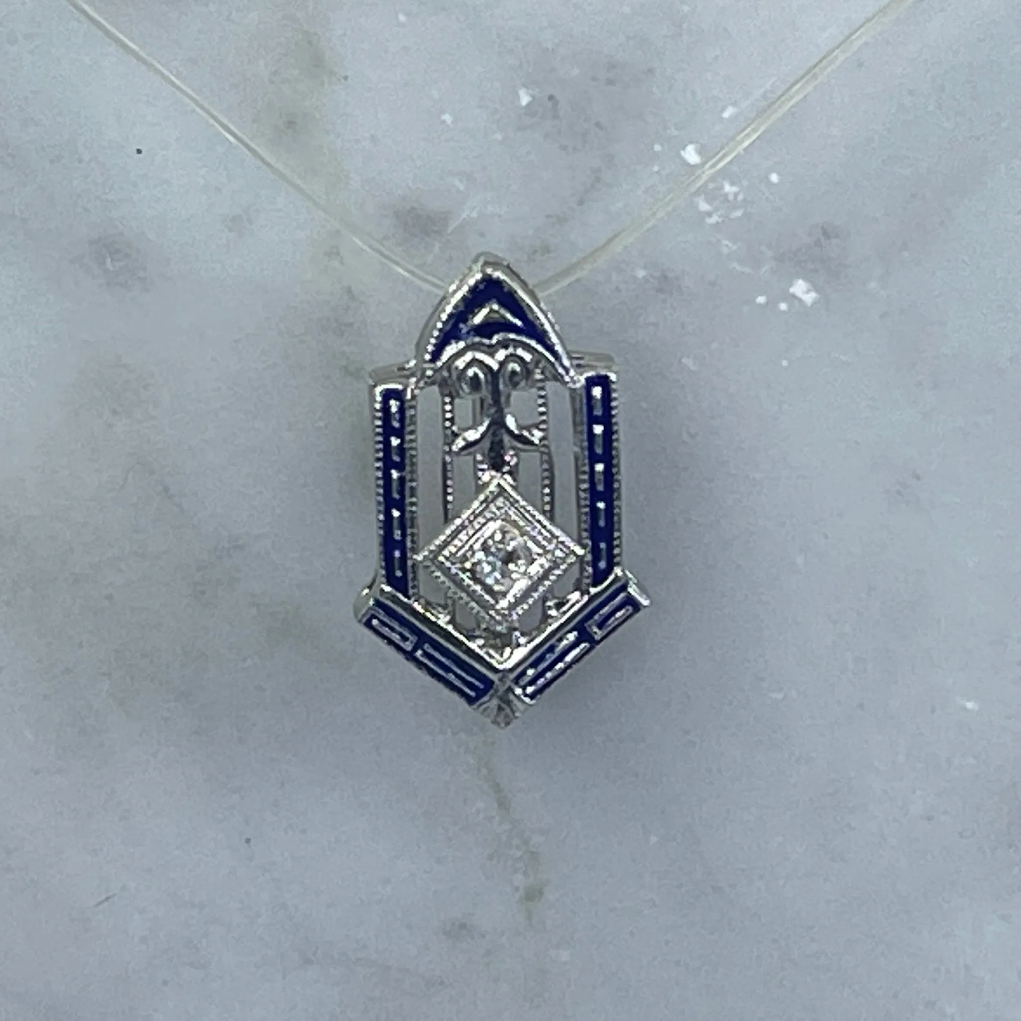 Antique Diamond and Enamel Pendant in a 14k White Gold Art Deco Setting. April Birthstone.