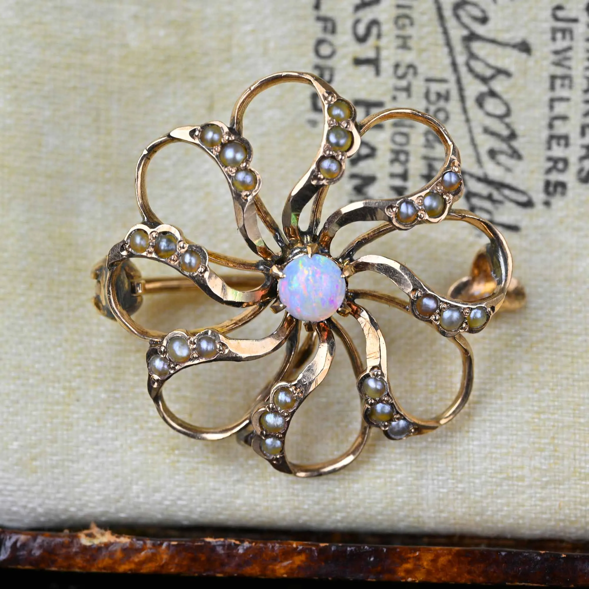 Antique Gold Seed Pearl Floral Opal Brooch in 10K Gold