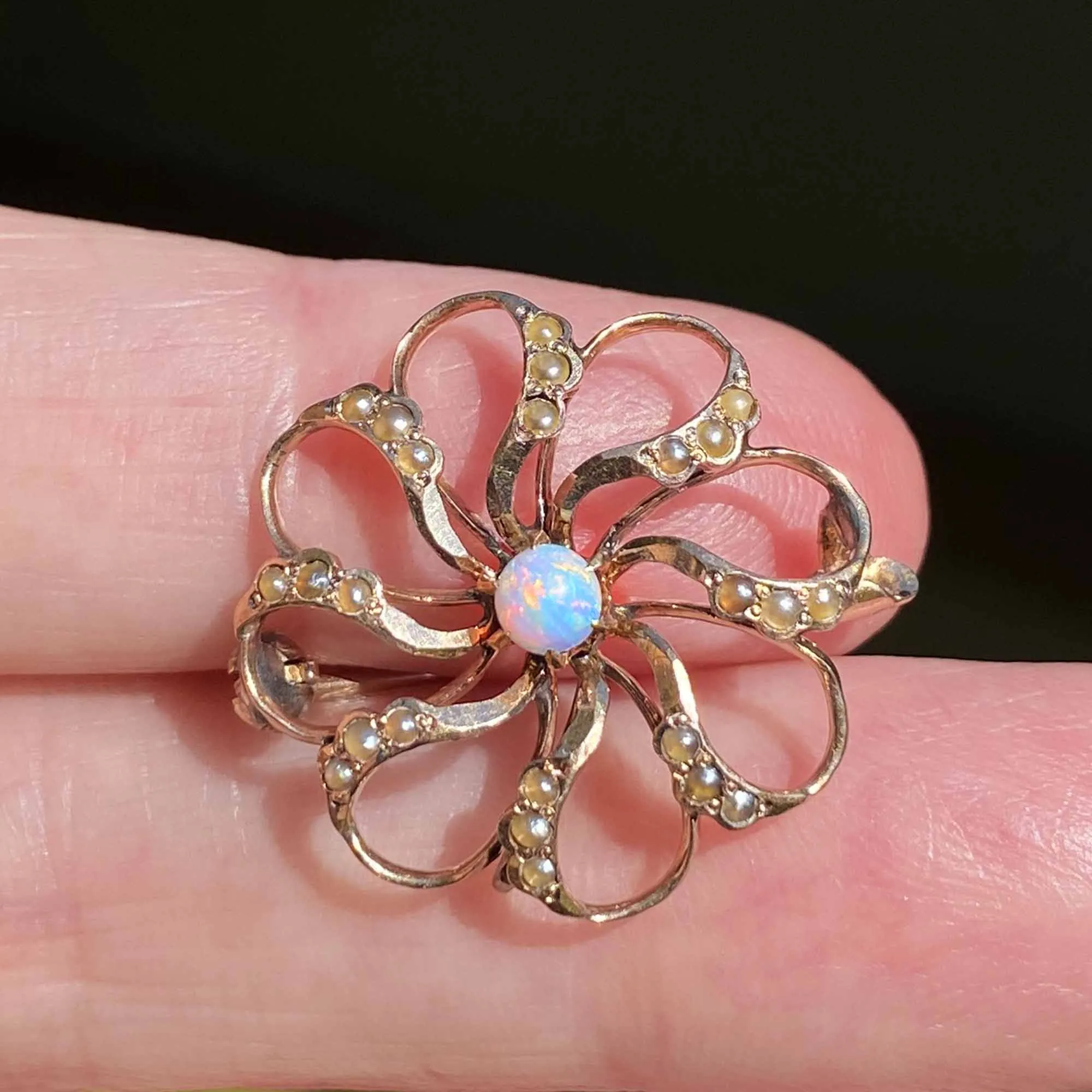 Antique Gold Seed Pearl Floral Opal Brooch in 10K Gold