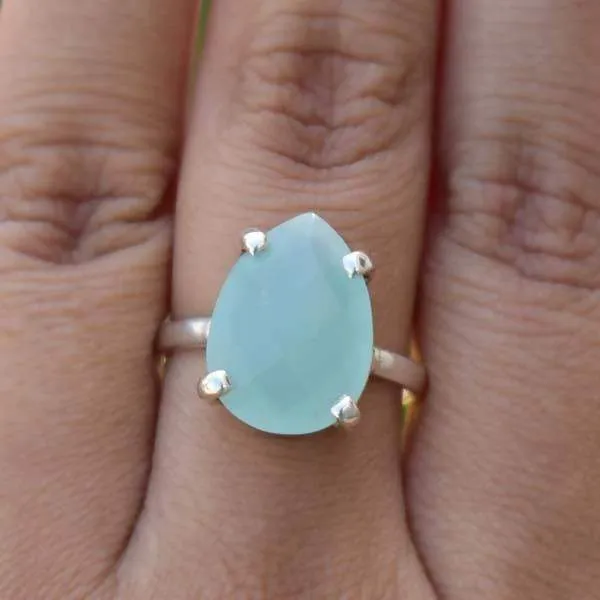 Aqua Ring, Blue Aqua Chalcedony Ring,925 Sterling Silver, Pear Facedet Aqua Chalcedony Ring,March Birthstone Ring,Gemstone Ring,Gift for her, Nickel Free, Handmade Jewelry