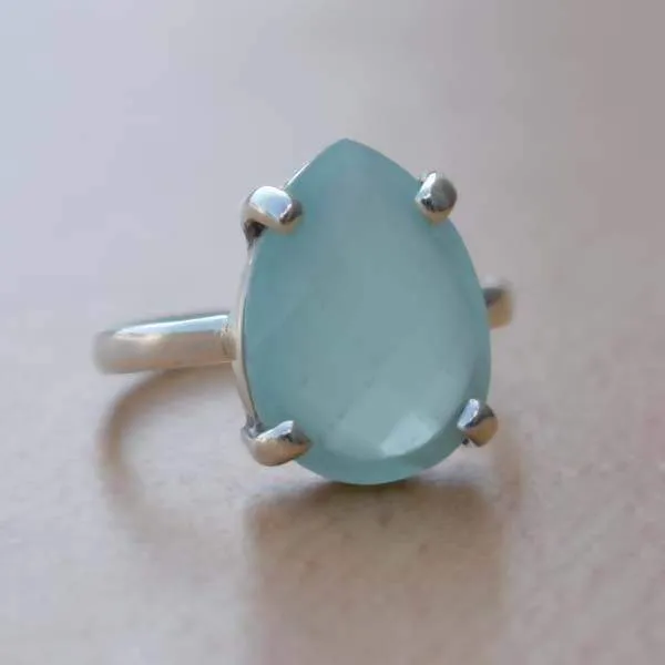 Aqua Ring, Blue Aqua Chalcedony Ring,925 Sterling Silver, Pear Facedet Aqua Chalcedony Ring,March Birthstone Ring,Gemstone Ring,Gift for her, Nickel Free, Handmade Jewelry