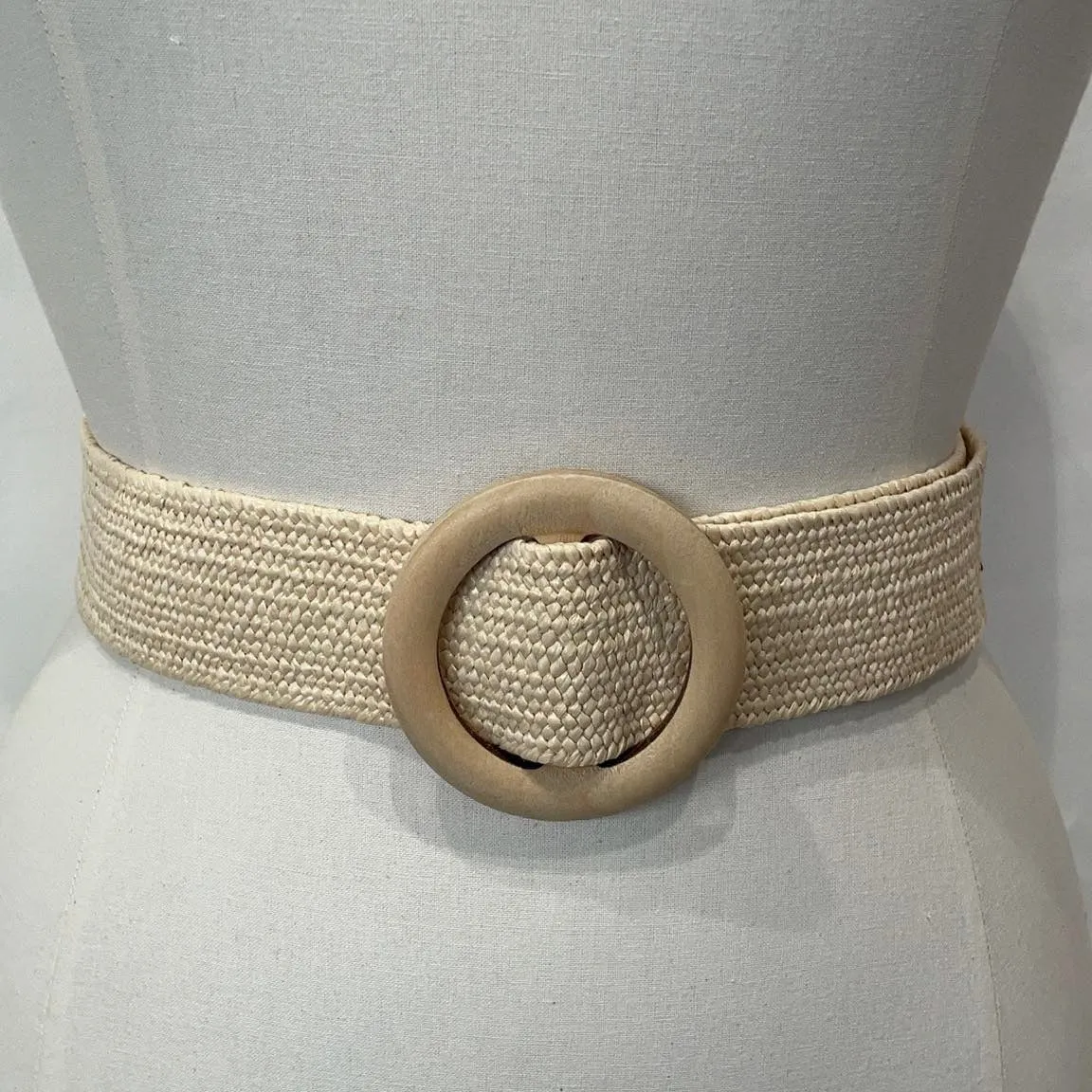 Belt016 Woven Belt Wood Circle Buckle Cream