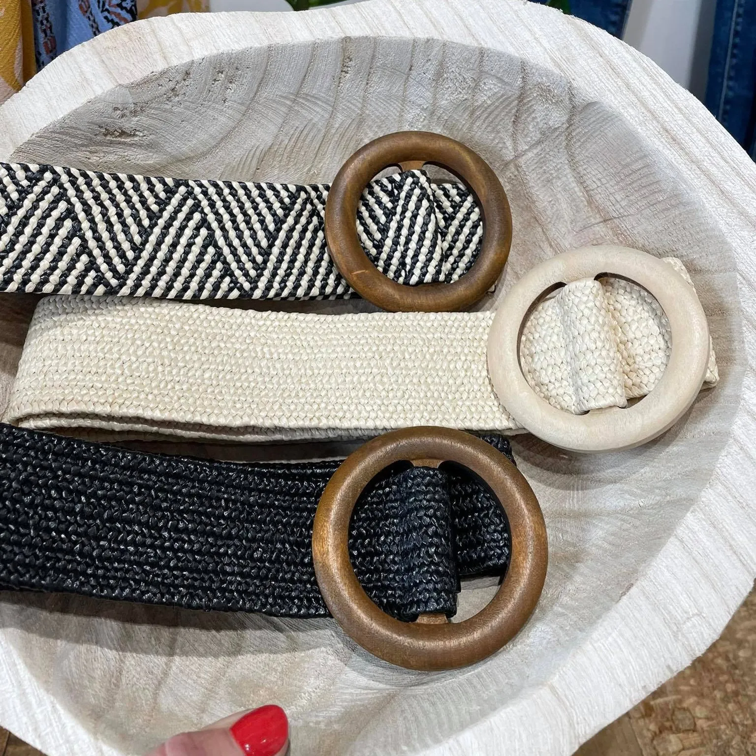 Belt016 Woven Belt Wood Circle Buckle Cream