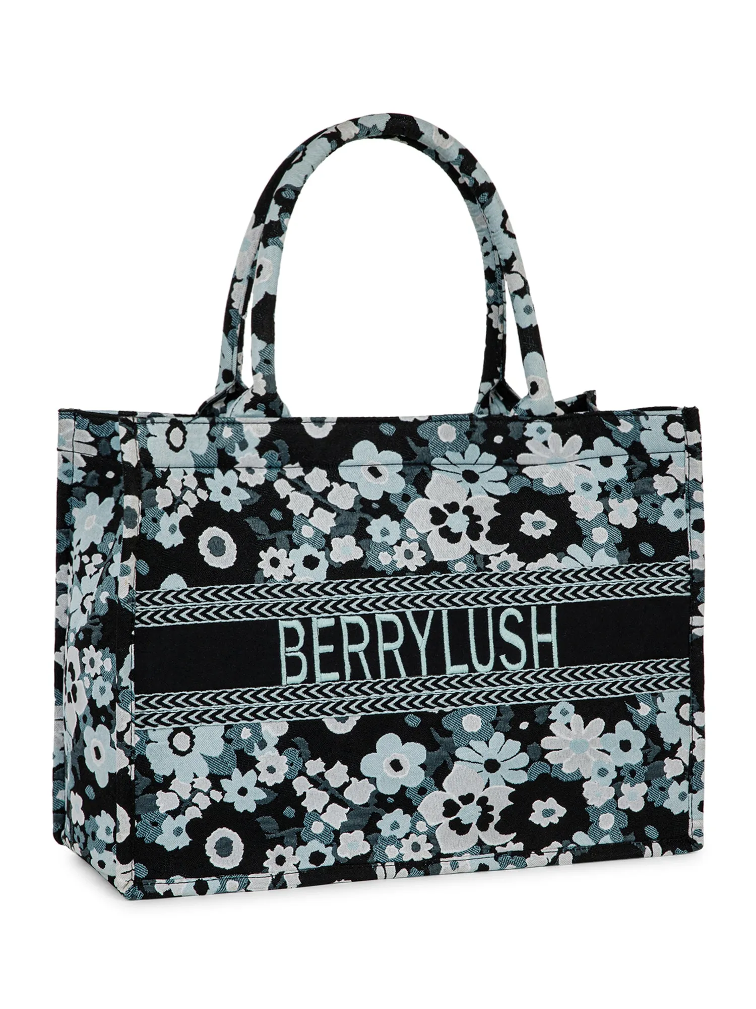 Berrylush Women Black & White Floral Printed Polyester Zipper-Up Embroidered Tote Bag