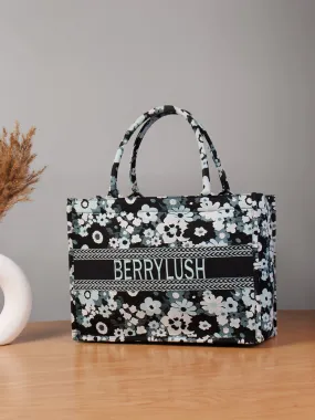 Berrylush Women Black & White Floral Printed Polyester Zipper-Up Embroidered Tote Bag