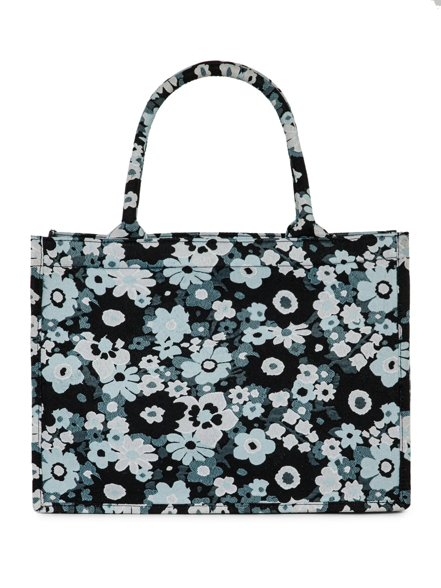 Berrylush Women Black & White Floral Printed Polyester Zipper-Up Embroidered Tote Bag