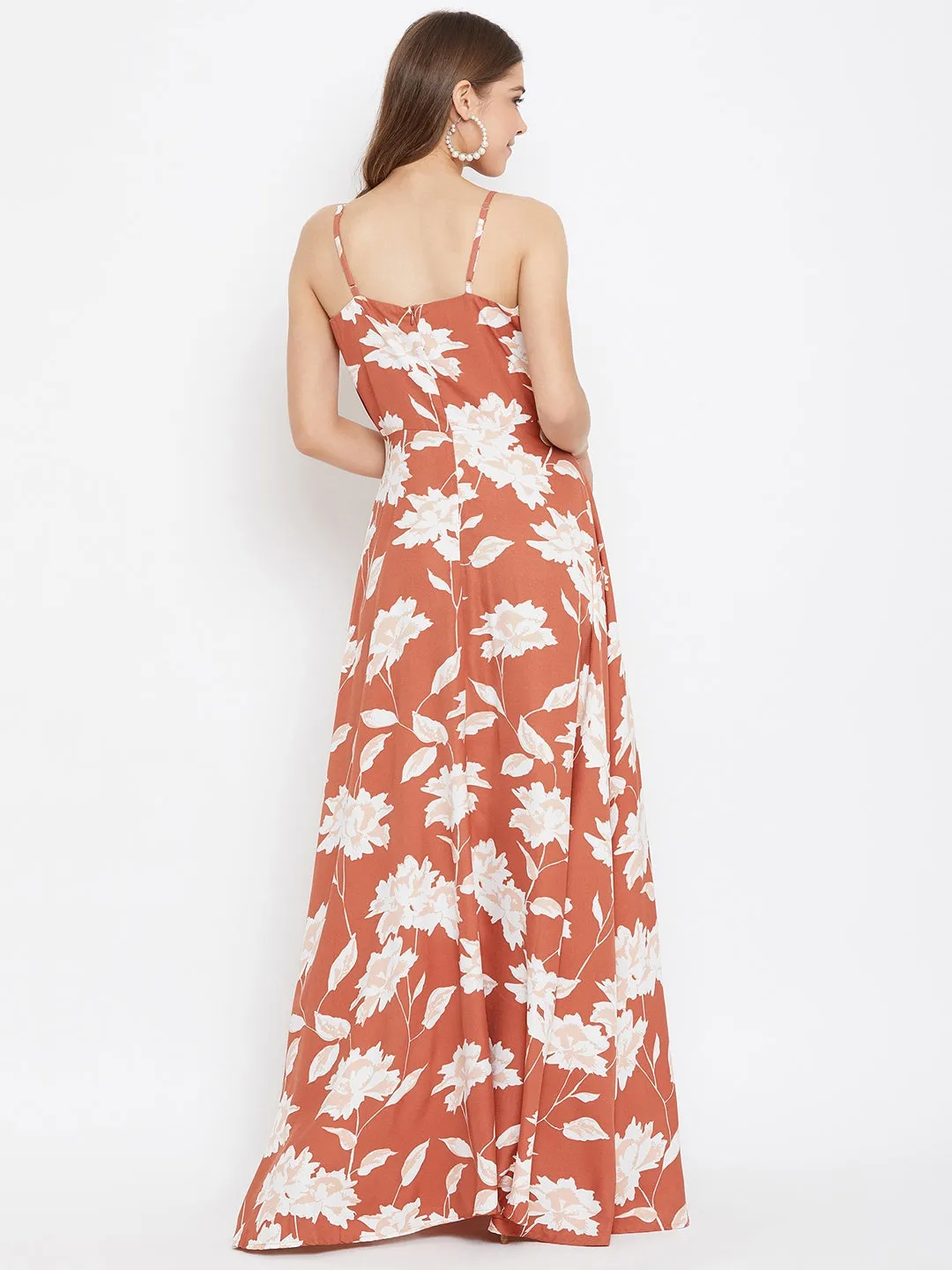 Berrylush Women Brown & White Floral Printed V-Neck Thigh-Slit Pleated Maxi Dress