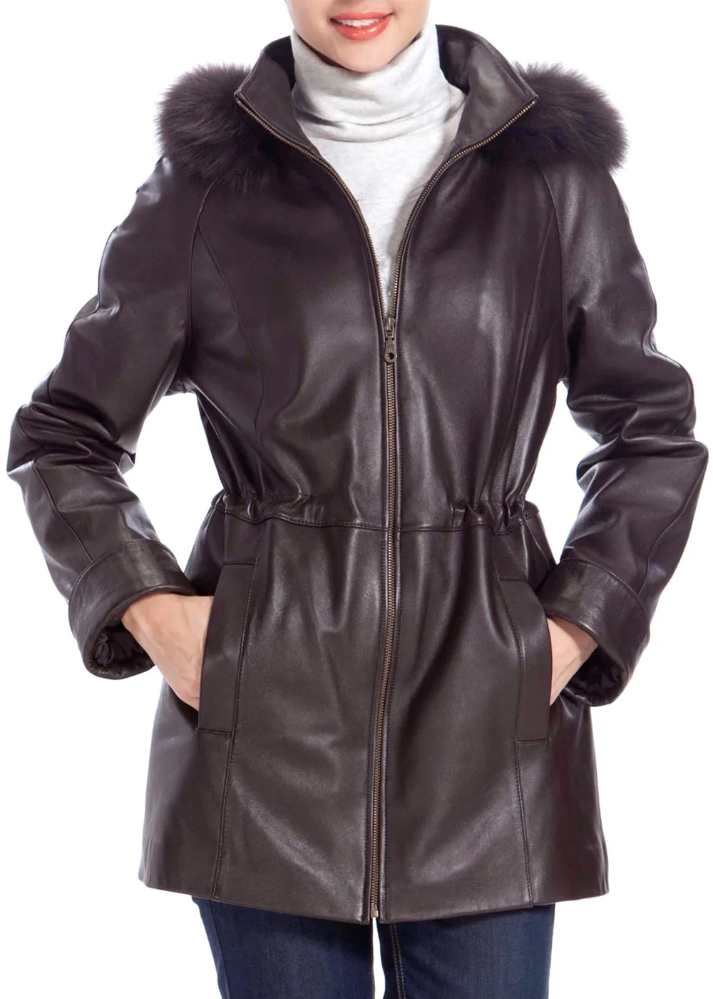 BGSD Women Clare Lambskin Leather Hooded Parka Coat