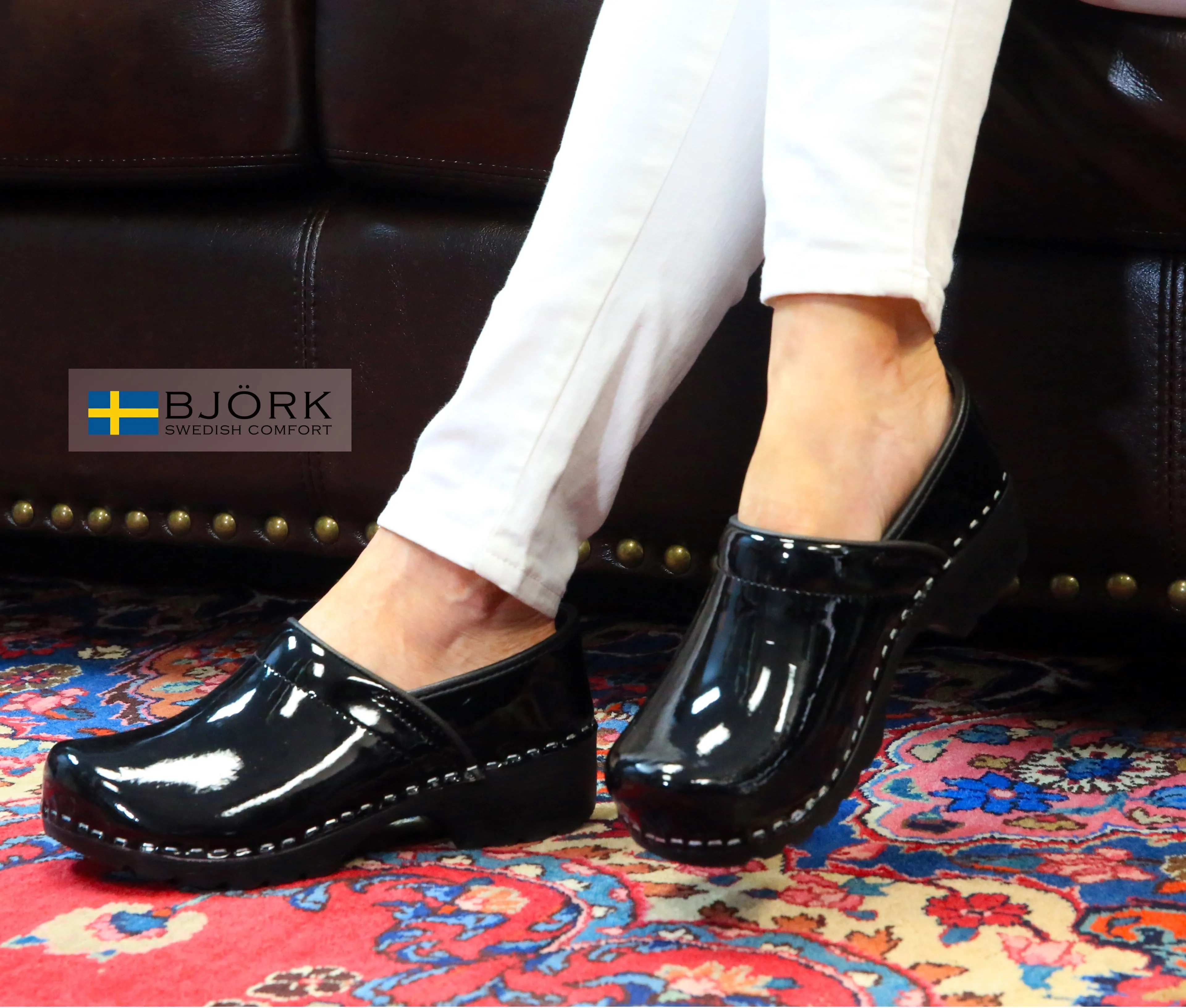 BJORK Women's Swedish Professional Black Patent Leather Clogs