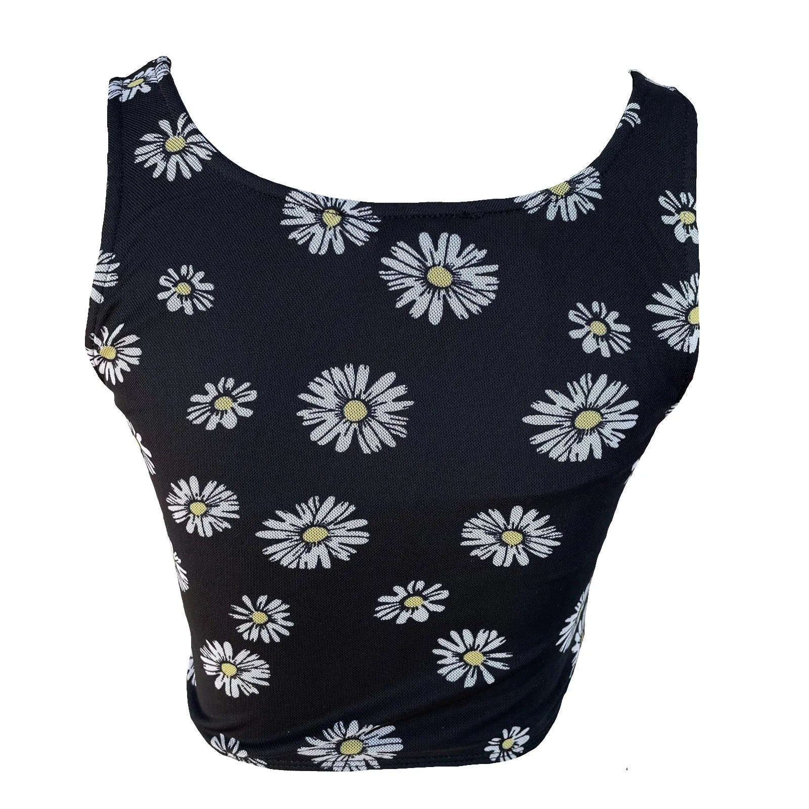 Black Daisy Print Mesh Sleeveless Crop Top