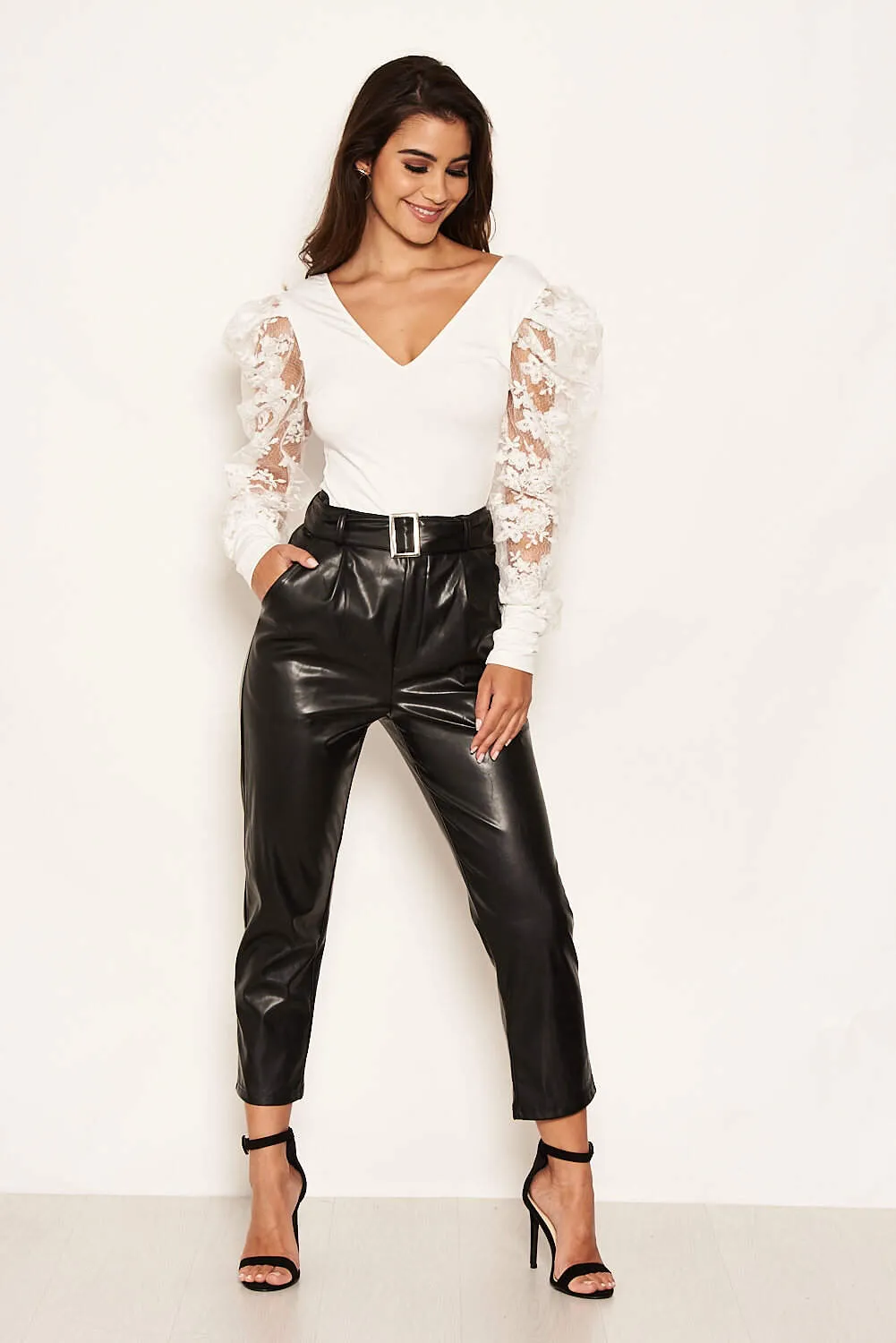 Black Faux Leather Belted Trousers