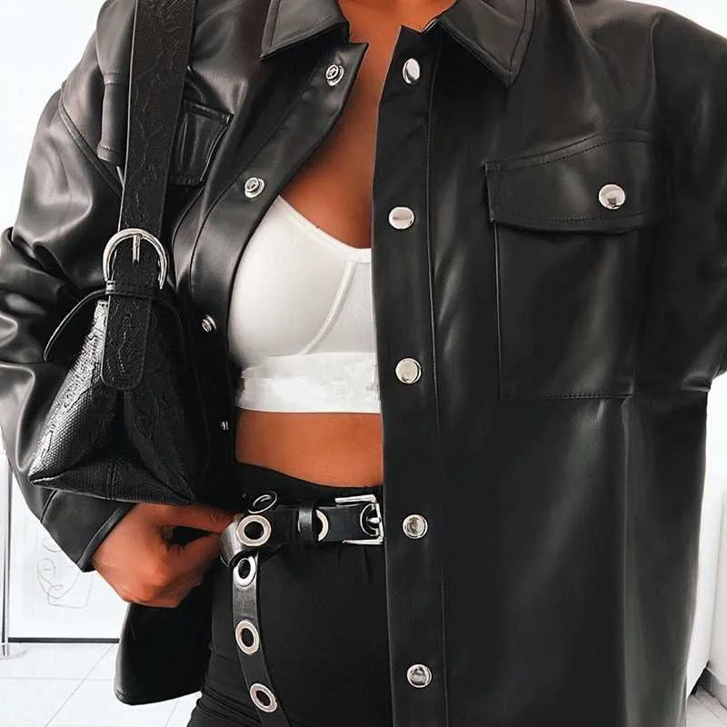 Black Faux Leather Shirt Jacket With Snap Pockets