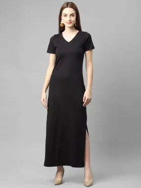 Black Half Sleeve V- Neck Maxi Dress